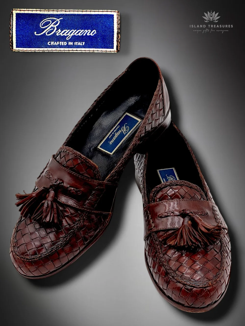 Bragano Size 10M Men's Oxblood-Brown Woven Leather Tassel Loafers Made in Italy